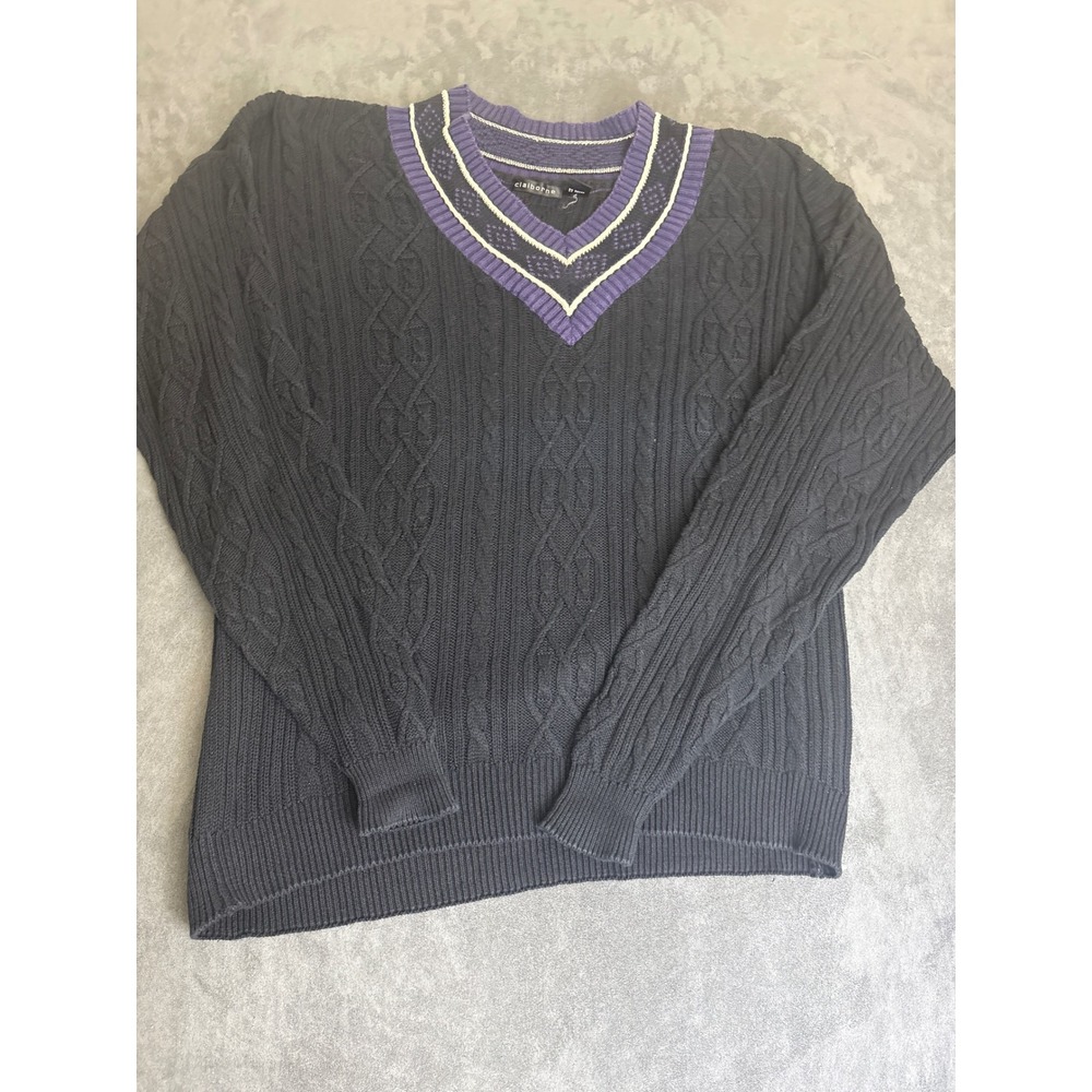 Claiborne Mens XL Cable Knit Sweater Navy Blue Purple V-Neck Cotton Pullover